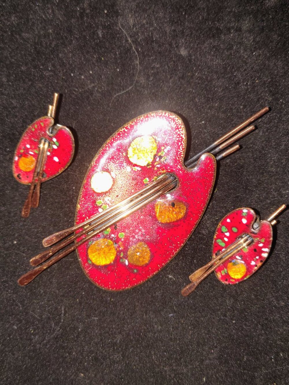 Vintage Matisse “Artist’s Palette” Enamel Copper Brooch & Earrings – 1955–64